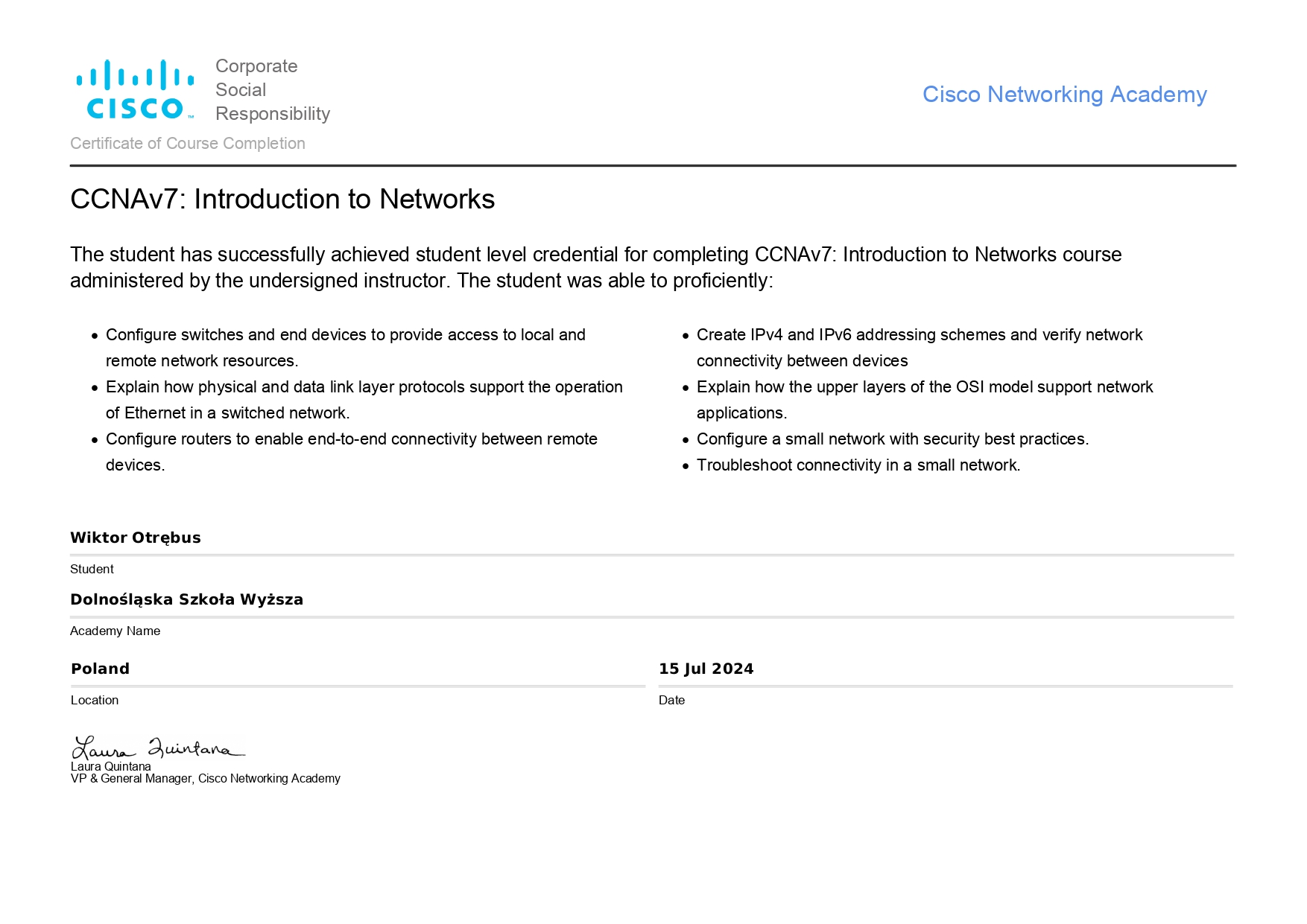 Certyfikat Cisco CCNA v7: Introduction to Networks